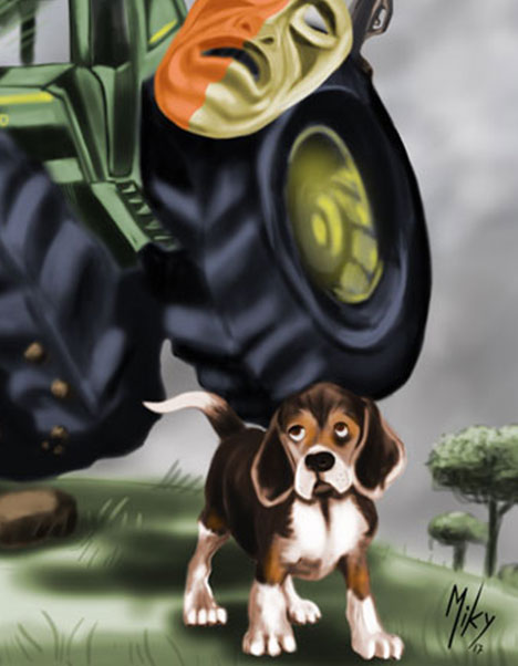 Detalle 3 Representación de Sergio encima de su tractor y su perro.
