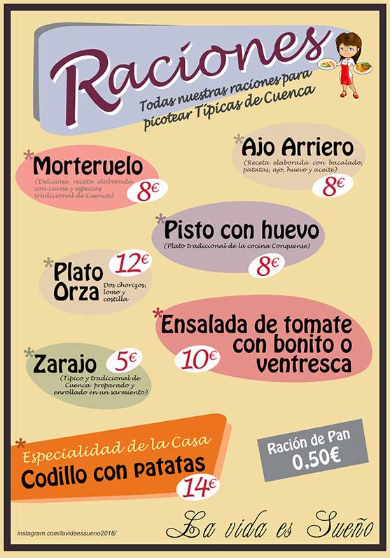Detalle 2 Diseño de las cartas de raciones y de bocadillos para un bar de Cuenca 