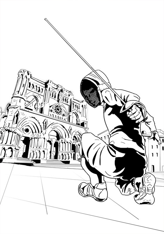Detalle 3 Ilustración realizada a lápiz, entintado y coloreado digital. Dibujo para el cartel de esgrima provincial de Cuenca 2018