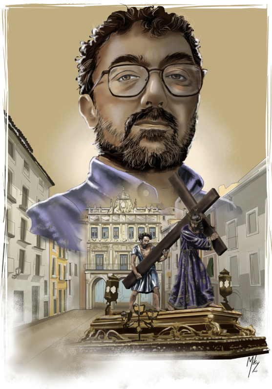 Detalle 1 Retrato del encargado de realizar el cartel de semana santa de Cuenca 2023. Al fondo la plaza mayor de Cuenca