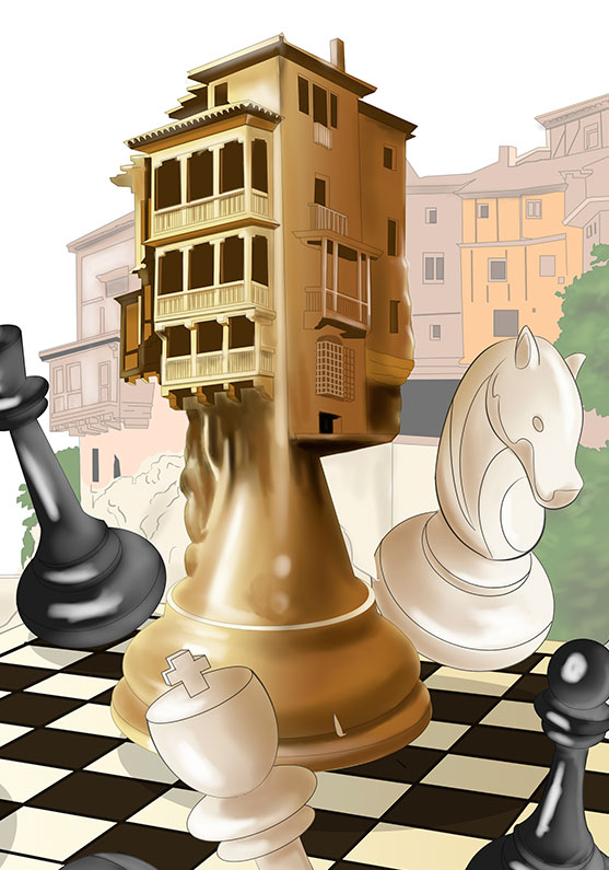 Detalle 1 Una ilustración que mezcla un tablero de ajedrez y las casas colgadas de Cuenca. Peones colgados
