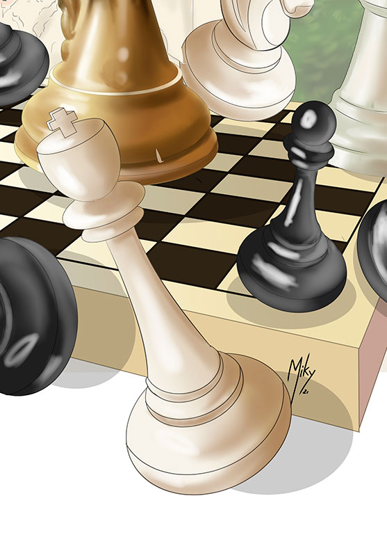 Detalle 2 Una ilustración que mezcla un tablero de ajedrez y las casas colgadas de Cuenca. Peones colgados