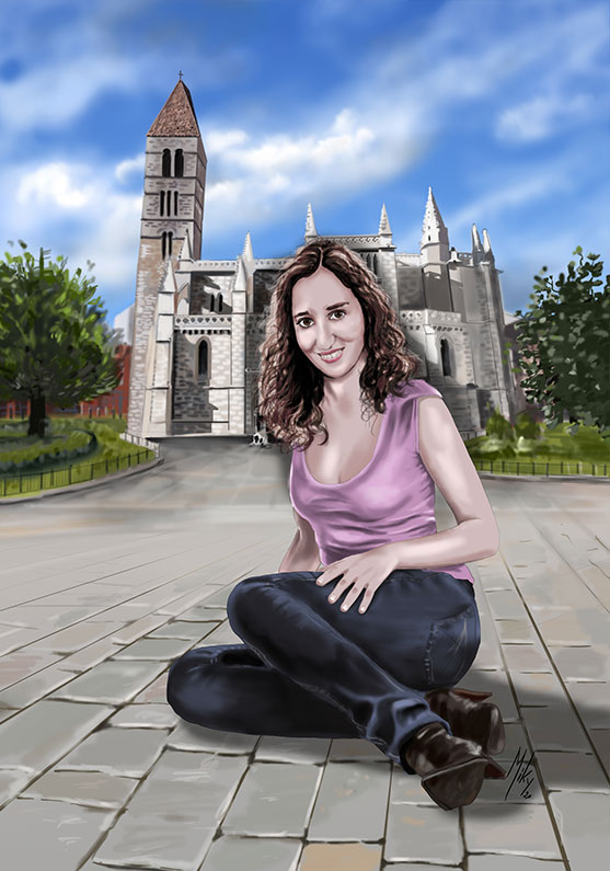 Detalle 1 Cuadro de un retrato de una chica sentada en la plaza de la iglesia Santa María de Valladolid