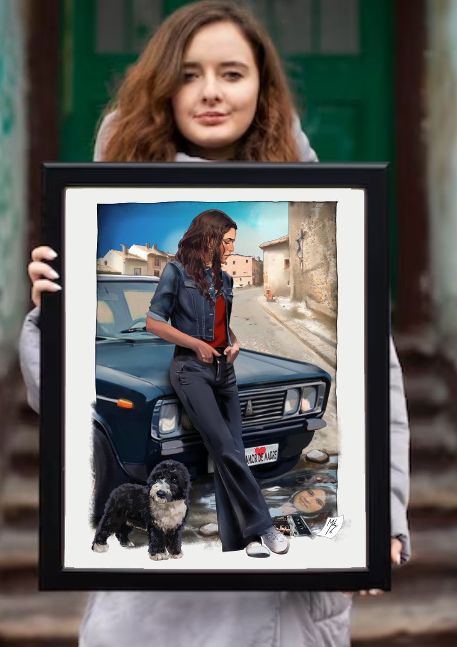 Detalle 4 Ilustración de una joven en la época del cine Quinqui, apoyada en un coche seat de la época, en el casco antiguo de Cuenca