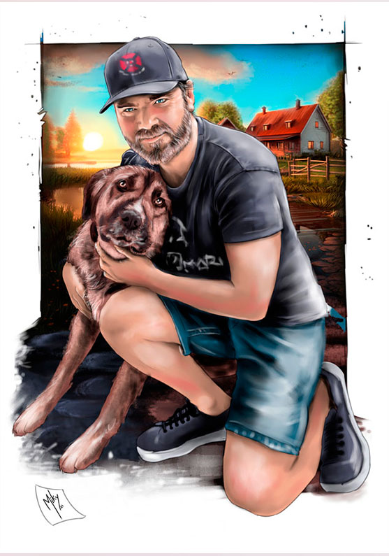 Detalle 1 Retrato de un joven con su perro. Técnica mixta. lápiz, carboncillo, pastel y retoque digital a tamaño A3