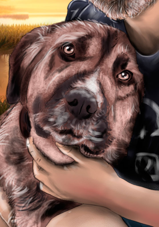 Detalle 3 Retrato de un joven con su perro. Técnica mixta. lápiz, carboncillo, pastel y retoque digital a tamaño A3