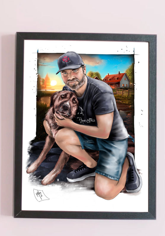 Detalle 4 Retrato de un joven con su perro. Técnica mixta. lápiz, carboncillo, pastel y retoque digital a tamaño A3