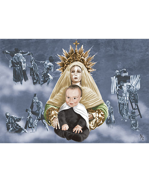 Detalle 1 Cuadro de un niño con la virgen y rodeado de pasos de Semana Santa de Cuenca.