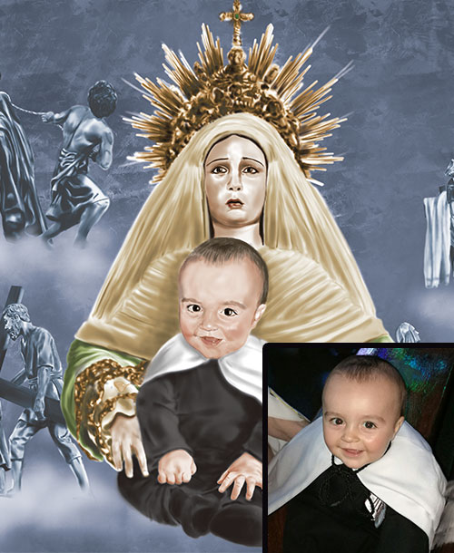 Detalle 4 Cuadro de un niño con la virgen y rodeado de pasos de Semana Santa de Cuenca.