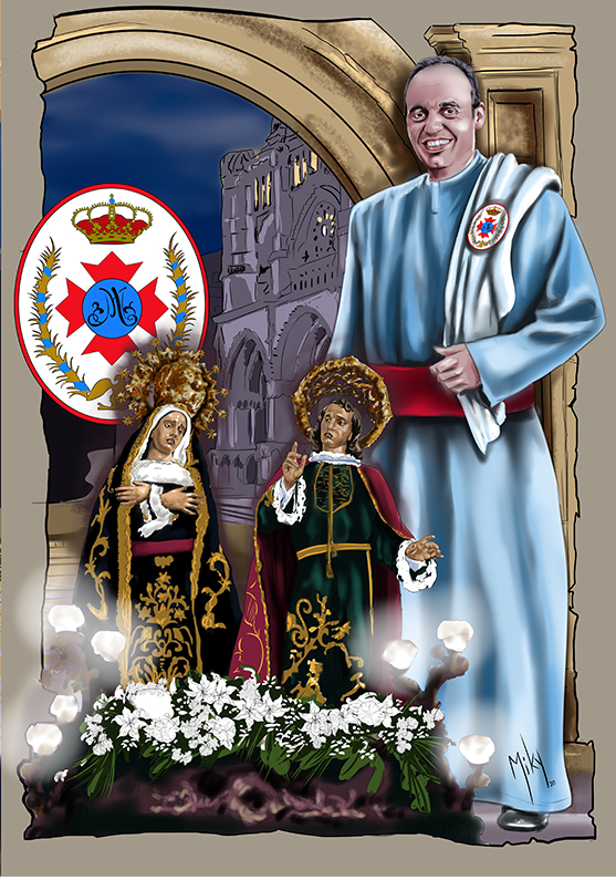 Detalle 1 Cuadro realizado de un nazareno en la procesión de la Amargura y San Juan de Cuenca. Al fondo se pueden ver los arcos de la plaza Mayor y la Catedral de Cuenca