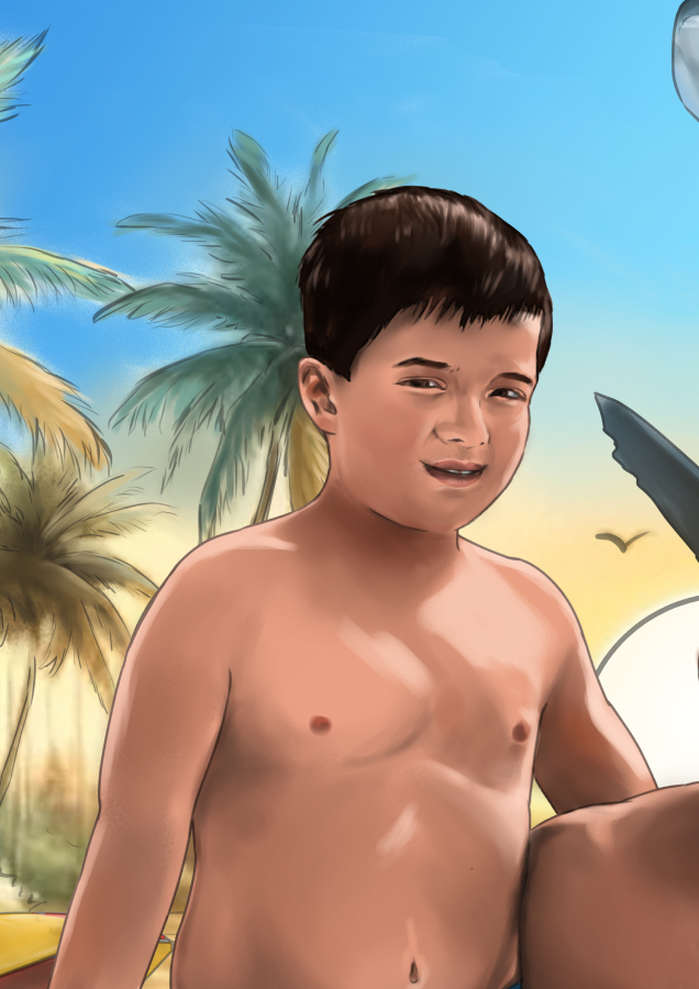 Detalle 2 Este dibujo combina el relax de un día de playa con el inesperado (y cómico) encuentro con un tiburón. Con un estilo desenfadado y personajes llenos de expresividad, la escena capta ese momento divertido que descubre que no está solo en el agua.