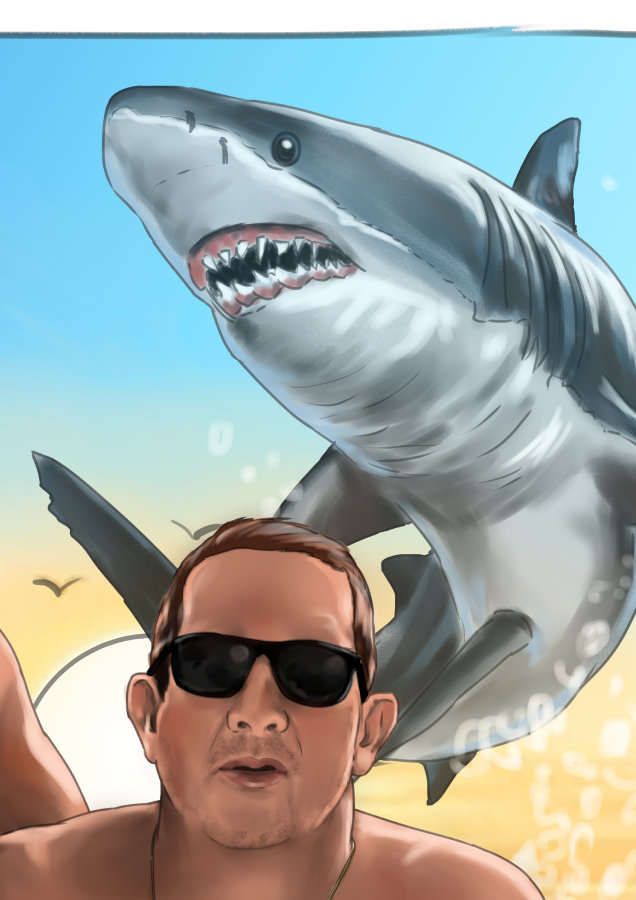 Detalle 3 Este dibujo combina el relax de un día de playa con el inesperado (y cómico) encuentro con un tiburón. Con un estilo desenfadado y personajes llenos de expresividad, la escena capta ese momento divertido que descubre que no está solo en el agua.