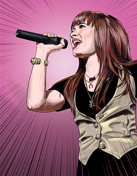 Detalle 1 Ilustración Demi Lovato formato cómic. Demi Lovato cantando, ideal para decorar tu casa.