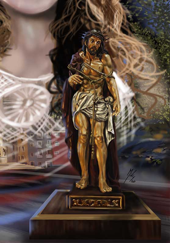 Detalle 2 Retrato de una chica sobre un fondo de la catedral de Cuenca y la imagen del Ecce-Homo De San Miguel Cuenca