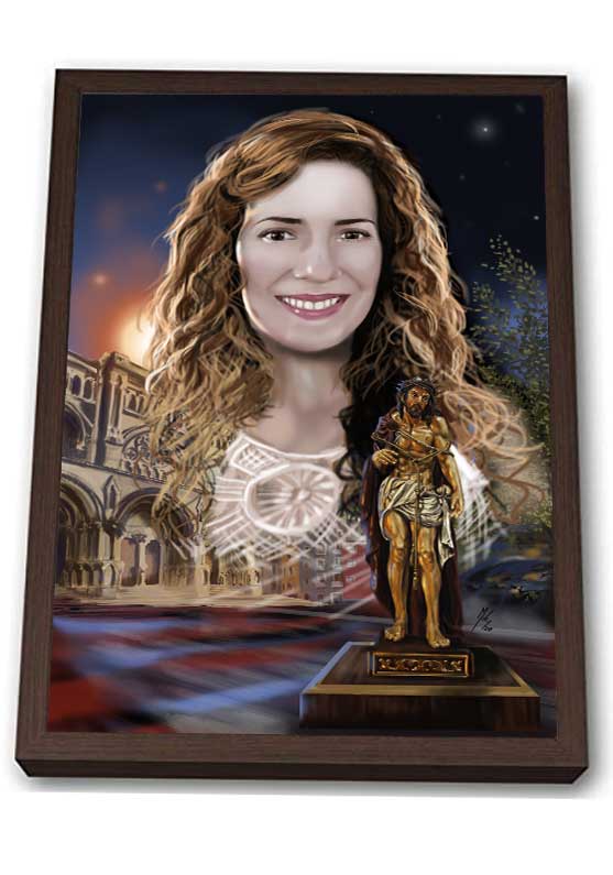 Detalle 3 Retrato de una chica sobre un fondo de la catedral de Cuenca y la imagen del Ecce-Homo De San Miguel Cuenca