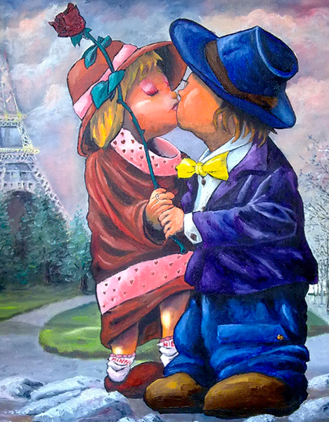 Detalle 1 Ilustración de óleo sobre tela. Niño besando a su primer amor de juventud sobre la torre eiffel
