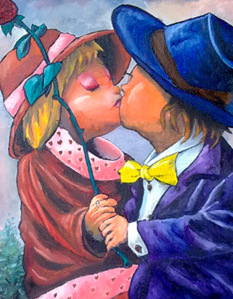Detalle 2 Ilustración de óleo sobre tela. Niño besando a su primer amor de juventud sobre la torre eiffel
