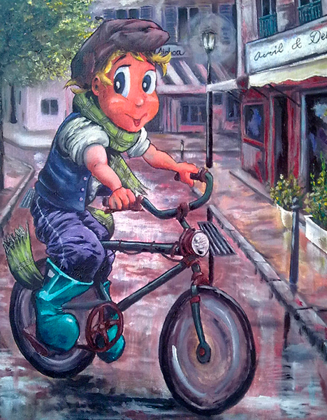 Detalle 1 Ilustración de óleo sobre tela. Niño paseando en bicicleta bajo la lluvia por una calle de París