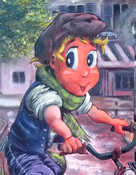Detalle 2 Ilustración de óleo sobre tela. Niño paseando en bicicleta bajo la lluvia por una calle de París