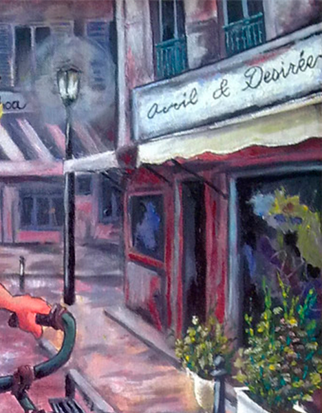Detalle 3 Ilustración de óleo sobre tela. Niño paseando en bicicleta bajo la lluvia por una calle de París