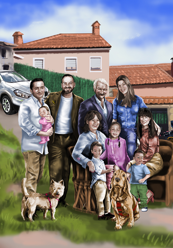 Detalle 1 Retrato de una familia al completo, al fondo la casa de su propiedad así como los vehículos. Realizado sobre lienzo con capas de óleo.