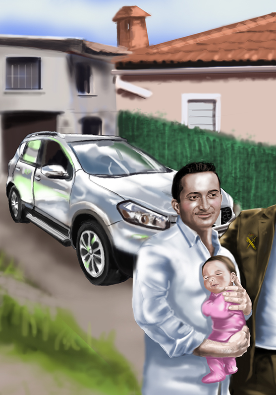 Detalle 2 Retrato de una familia al completo, al fondo la casa de su propiedad así como los vehículos. Realizado sobre lienzo con capas de óleo.