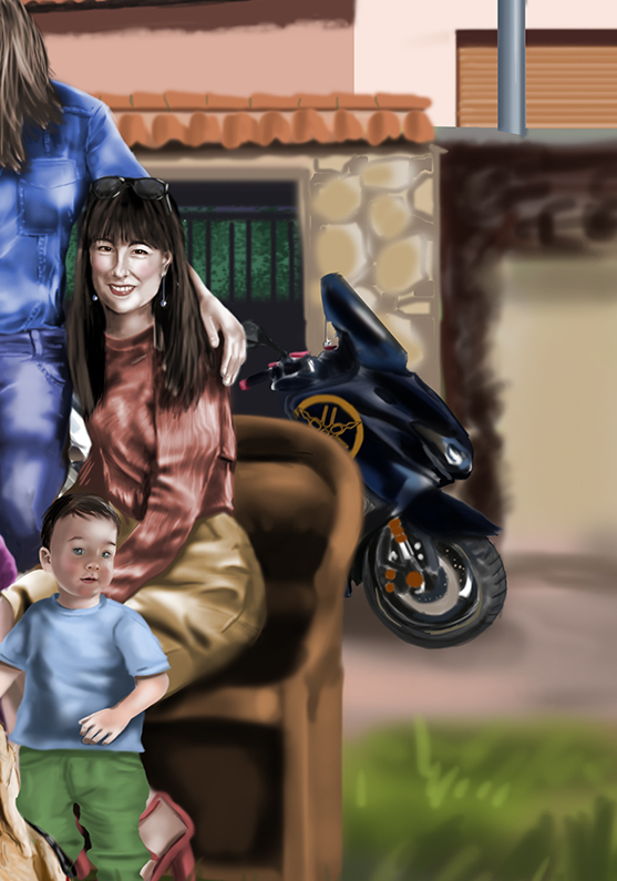 Detalle 3 Retrato de una familia al completo, al fondo la casa de su propiedad así como los vehículos. Realizado sobre lienzo con capas de óleo.