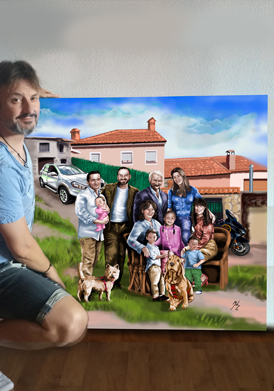 Retrato de una familia al completo, al fondo la casa de su propiedad así como los vehículos. Realizado sobre lienzo con capas de óleo.
