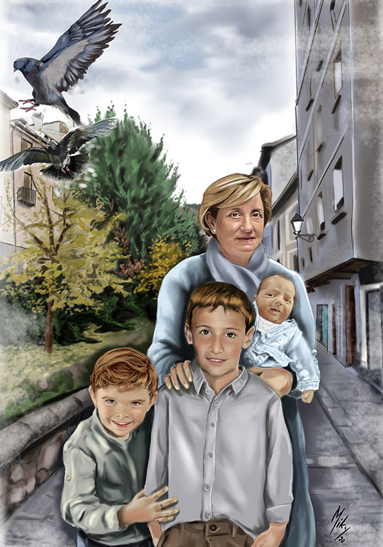 Detalle 1 Retrato familiar con el fondo de la calle de los Tintes de la ciudad de Cuenca. Unas palomas toman el vuelo por encima del río Huecar