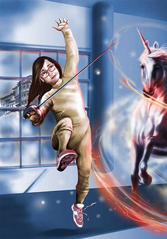 Detalle 2 Ilustración del deporte de esgrima y la aparición inesperada de la niña montado en un unicornio y su varita mágica