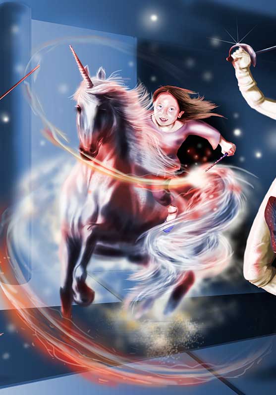 Detalle 3 Ilustración del deporte de esgrima y la aparición inesperada de la niña montado en un unicornio y su varita mágica