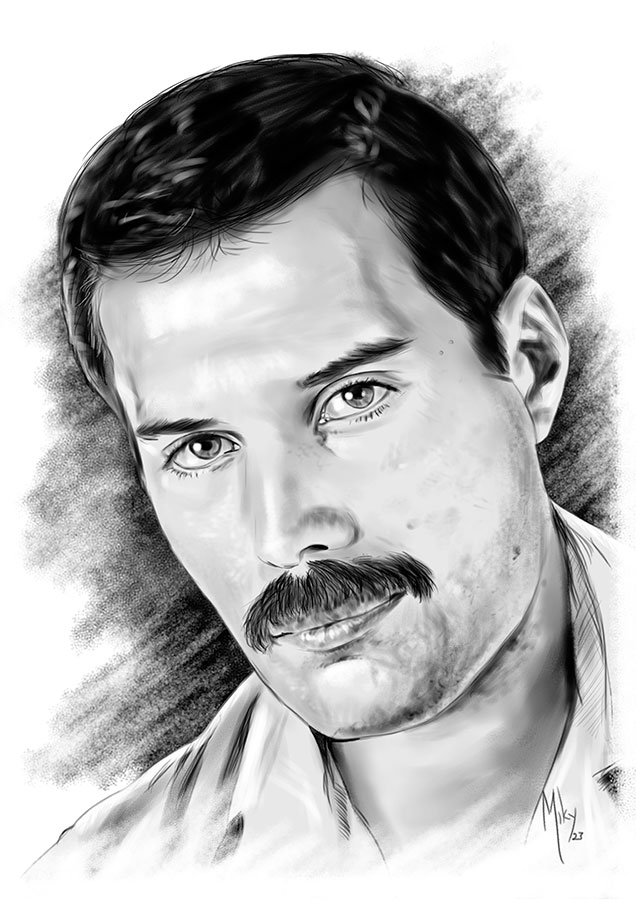 Detalle 1 Retrato de Freddie Mercury realizado a lápiz sobre papel, se vende copia en papel cartulina o en cartón pluma