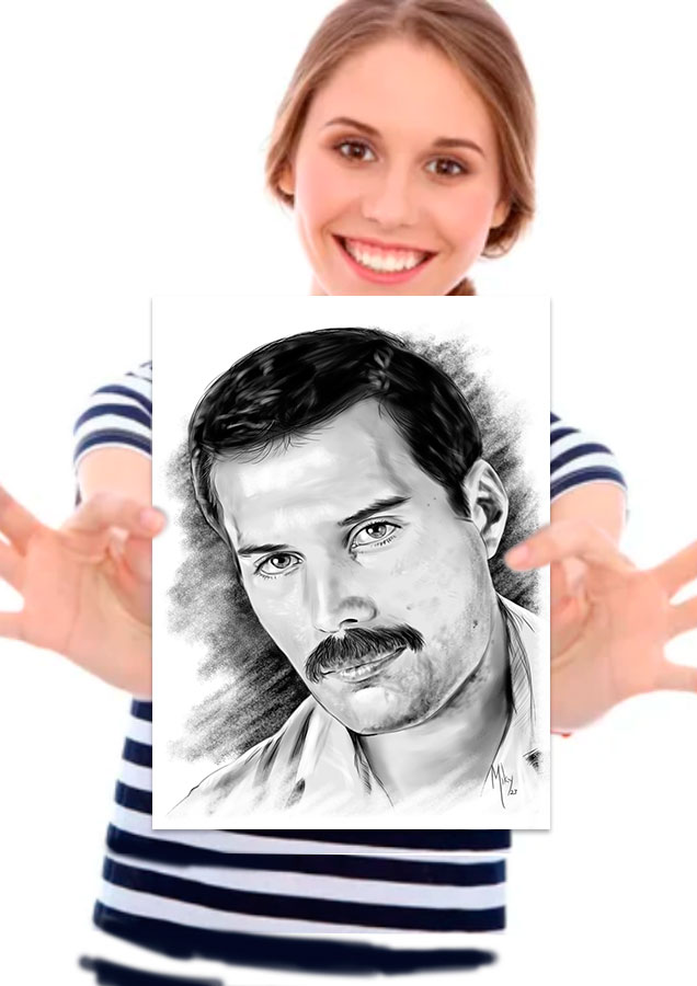 Detalle 4 Retrato de Freddie Mercury realizado a lápiz sobre papel, se vende copia en papel cartulina o en cartón pluma