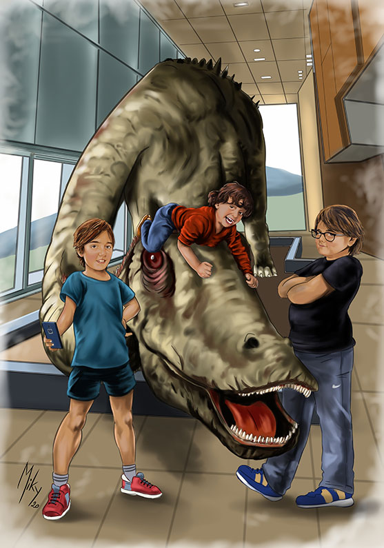 Detalle 1 Retratos de unos niños pasando una tarde divertida con el dinosaurio del Museo Paleontológico de Cuenca