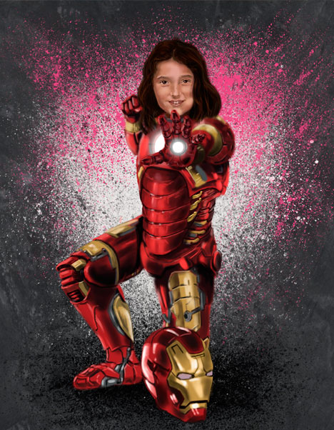 Detalle 1 Niña fan de Iron Man. Ilustración de una niña de 11 años dentro de la armadura de Iron Man