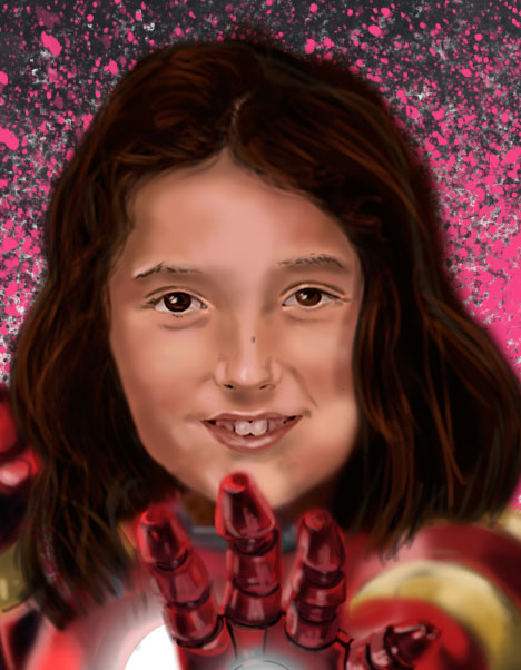Detalle 2 Niña fan de Iron Man. Ilustración de una niña de 11 años dentro de la armadura de Iron Man