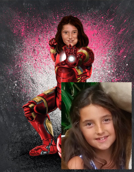 Detalle 4 Niña fan de Iron Man. Ilustración de una niña de 11 años dentro de la armadura de Iron Man