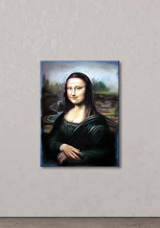 Detalle 1 Interpretación libre sobre el cuadro de la Gioconda de Leonardo da Vinci con óleo sobre tela. Tamaño 65x54 cm.