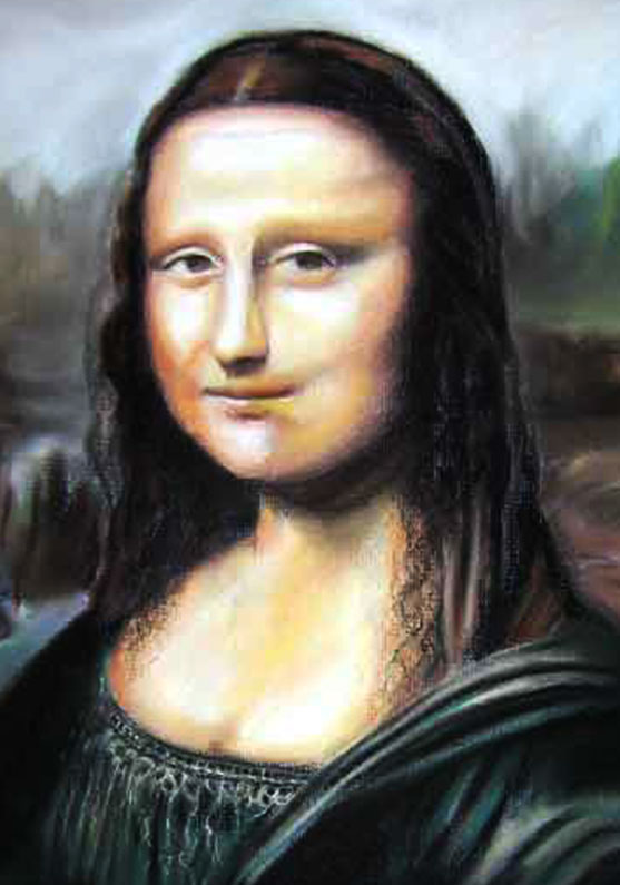 Detalle 2 Interpretación libre sobre el cuadro de la Gioconda de Leonardo da Vinci con óleo sobre tela. Tamaño 65x54 cm.