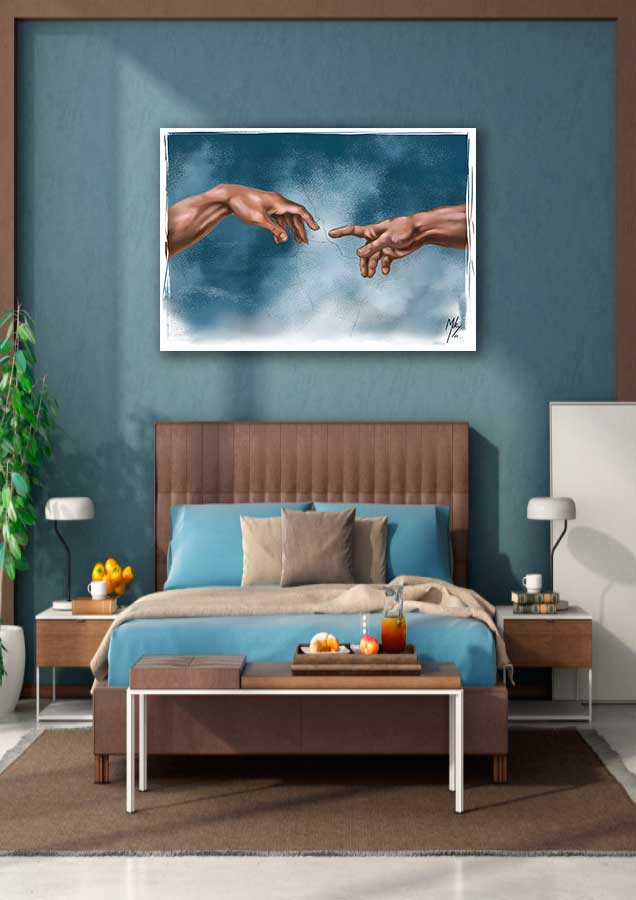 Ilustración basado en la obra de Miguel Angel llamada la creación de Adán, detalle de las manos de Dios y Adan. Fresco de la Capilla Sixtina