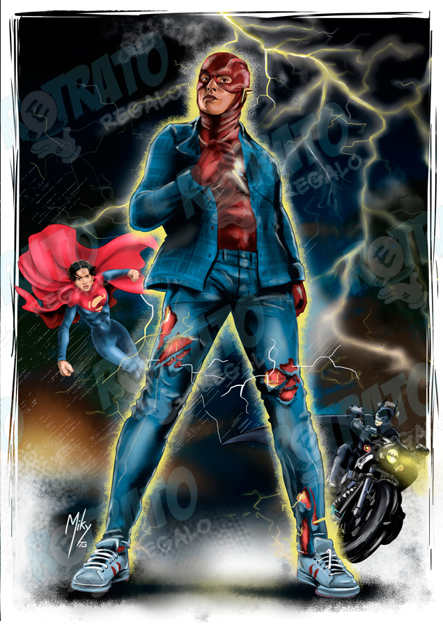 Detalle 1 Ilustración del famoso personaje del cómic de DC: Flash. Acompañado de Supergirl y Batman. Estan basados en los personajes de la película del año 2023: The Flash del director Andy Muschietti