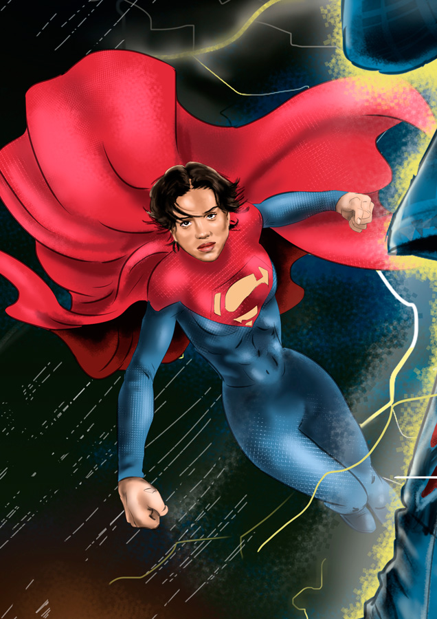 Detalle 2 Ilustración del famoso personaje del cómic de DC: Flash. Acompañado de Supergirl y Batman. Estan basados en los personajes de la película del año 2023: The Flash del director Andy Muschietti