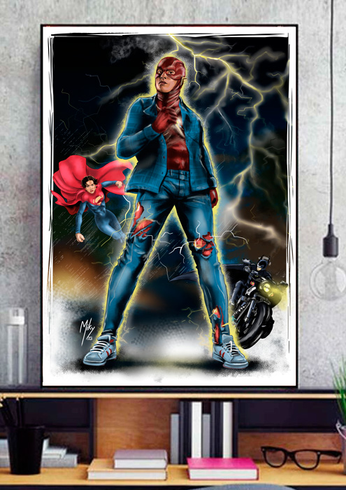 Detalle 4 Ilustración del famoso personaje del cómic de DC: Flash. Acompañado de Supergirl y Batman. Estan basados en los personajes de la película del año 2023: The Flash del director Andy Muschietti