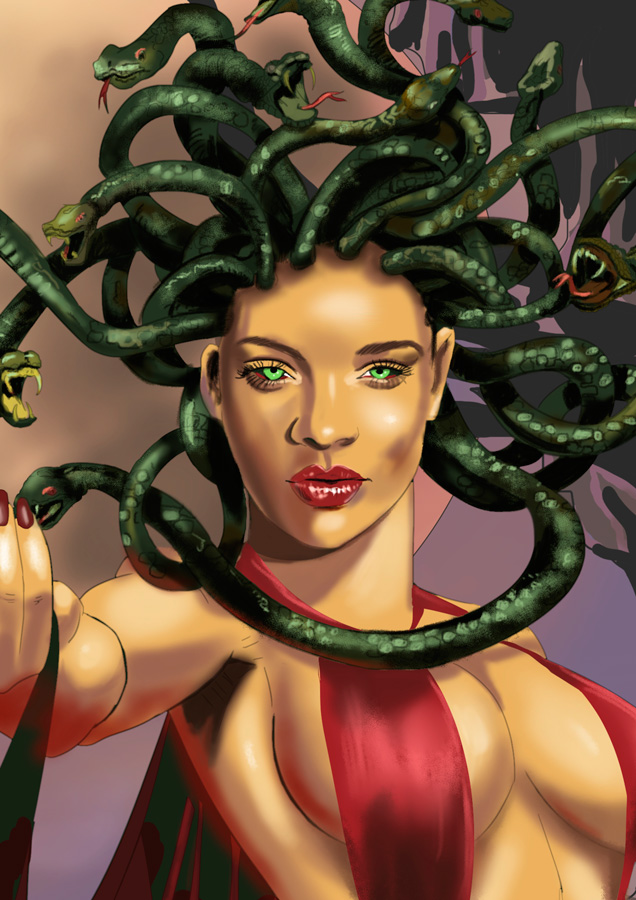 Detalle 2 Lámina de Medusa, ser de la mitología griega, ilustración con el rostro de Rihanna