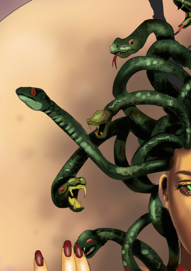 Detalle 3 Lámina de Medusa, ser de la mitología griega, ilustración con el rostro de Rihanna