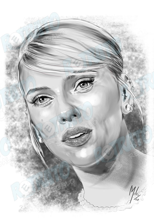 Detalle 1 Retrato a lápiz y carboncillo de Scarlett Johansson.  A la venta la copia en papel cartulina o en cartón pluma.