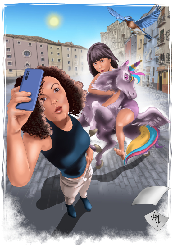 Detalle 1 Ilustración de dos chicas haciendose un selfie en la Plaza Mayor de Cuenca. Unicornio incluido