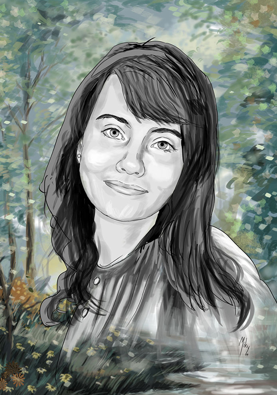 Detalle 2 Retrato de una joven sonriente con un fondo primaveral. Ilustración realizada a tamaño A2 en soporte papel