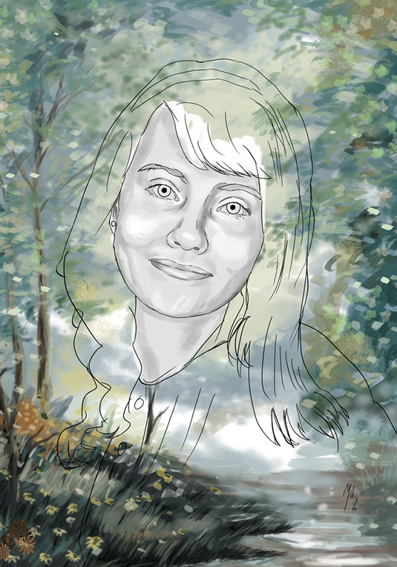 Detalle 3 Retrato de una joven sonriente con un fondo primaveral. Ilustración realizada a tamaño A2 en soporte papel