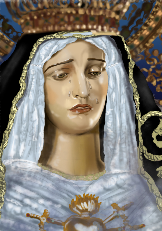 Detalle 2 Retrato de un nazareno vestido con los colores de la hermandad, de Semana Santa de Cuenca, Soledad del Puente. Al fondo la plaza mayor con la Catedral de Cuenca